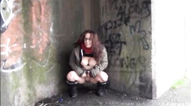 British babe with huge tits flashes and fingers herself in public