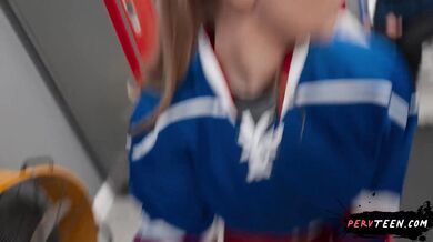 Watch this blonde teen with natural tits seduce a cameraman in the locker room