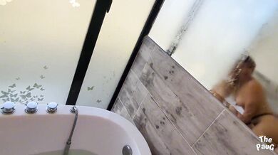 Hot blonde stepmom shares bathroom with stepson and shares his big booty