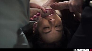 Veronica Leal gets double penetrated and creamed by multiple dicks in a futa gangbang with squirting futa girls